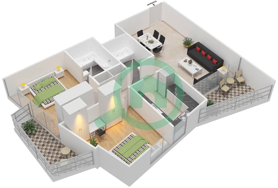 Марина Даймонд 6 - Апартамент 2 Cпальни планировка Единица измерения 2 interactive3D