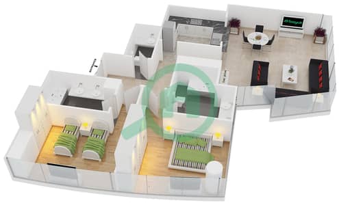 المخططات الطابقية لتصميم النموذج A FLOOR 77 شقة 2 غرفة نوم - داماك ريزيدنس