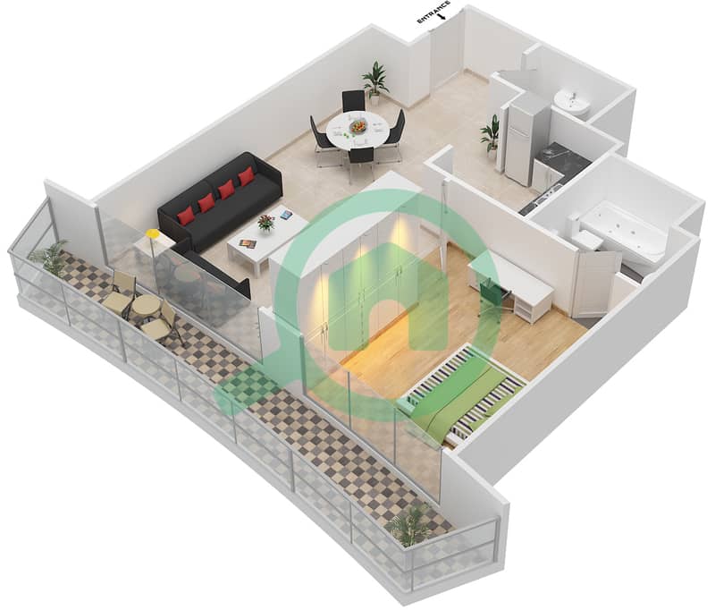 المخططات الطابقية لتصميم النموذج A شقة 1 غرفة نوم - باي سنترال شرق interactive3D