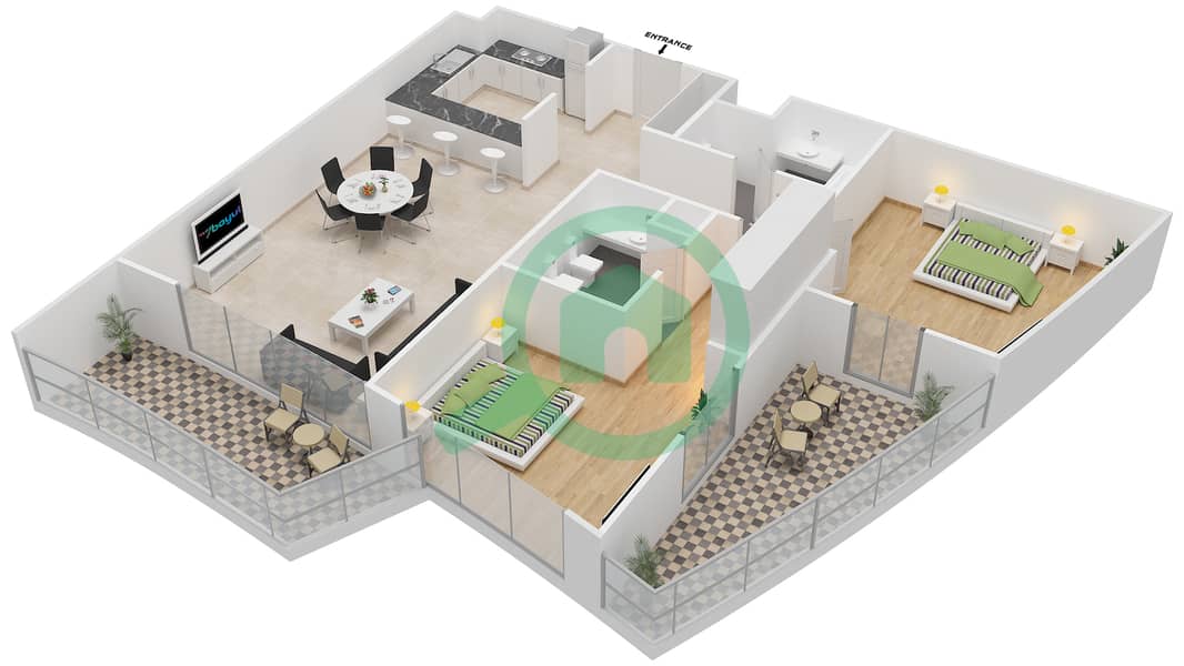 المخططات الطابقية لتصميم النموذج B شقة 2 غرفة نوم - باي سنترال شرق interactive3D