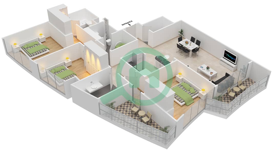 المخططات الطابقية لتصميم النموذج A شقة 3 غرف نوم - باي سنترال شرق interactive3D