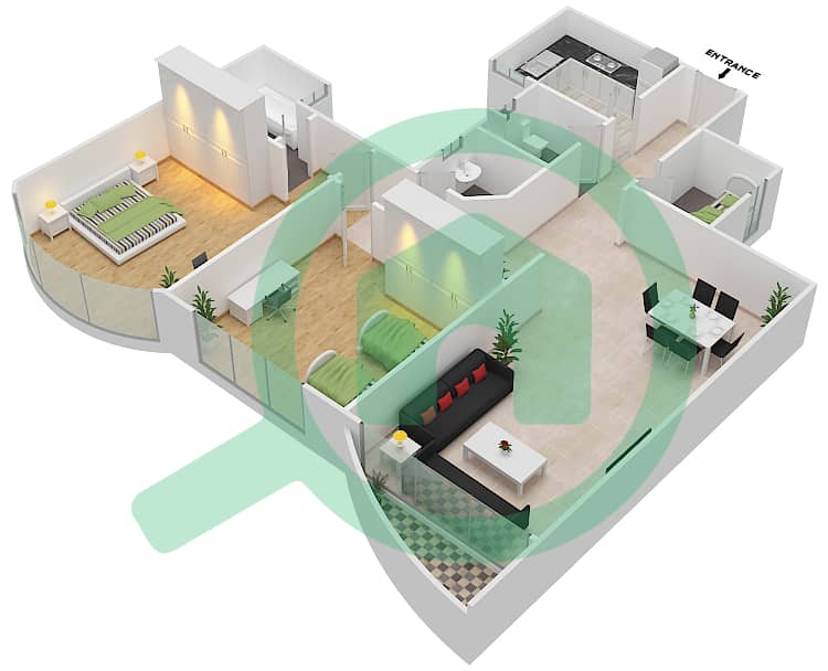 撒哈拉1号大厦 - 2 卧室公寓单位5戶型图 interactive3D