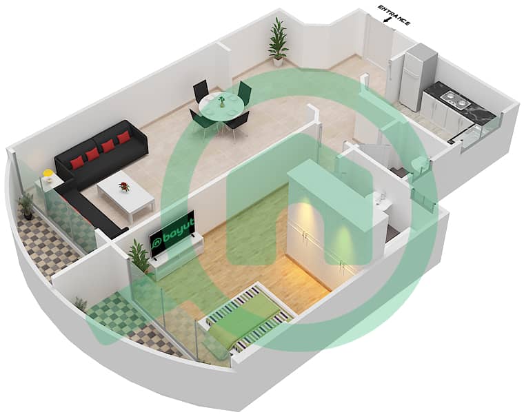 المخططات الطابقية لتصميم الوحدة 9 شقة 1 غرفة نوم - برج صحارى 1 interactive3D