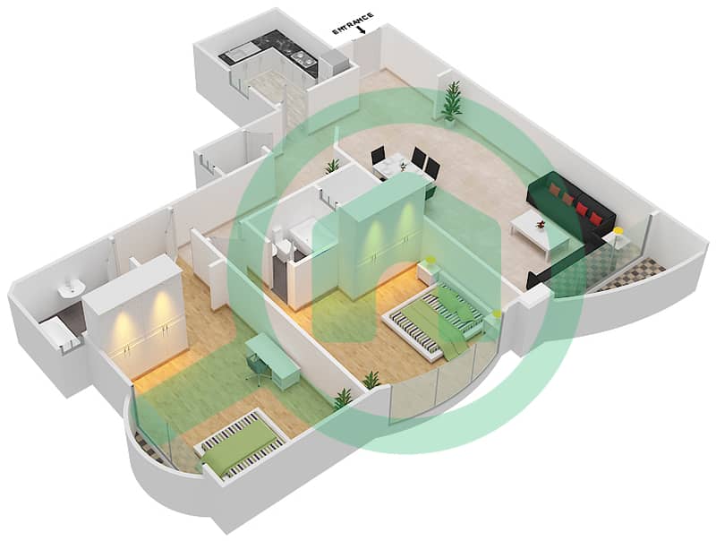 Сахара Тауэр 1 - Апартамент 2 Cпальни планировка Единица измерения 7 interactive3D