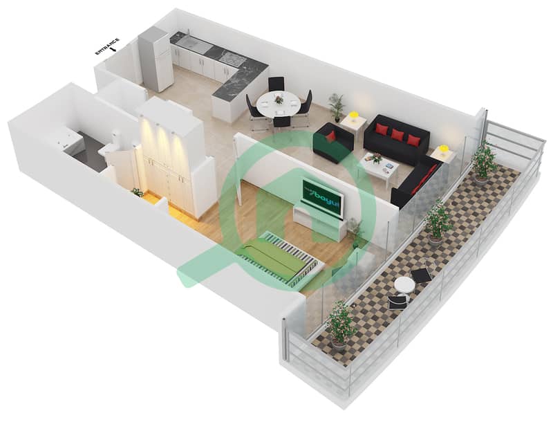 المخططات الطابقية لتصميم الوحدة 403 شقة 1 غرفة نوم - داماك هايتس interactive3D