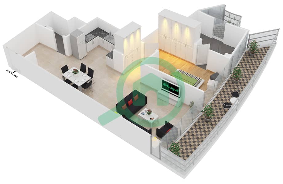 المخططات الطابقية لتصميم الوحدة 907 شقة 1 غرفة نوم - داماك هايتس interactive3D