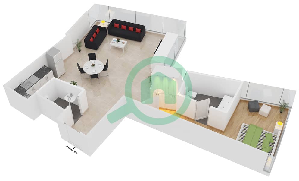 المخططات الطابقية لتصميم الوحدة 1101 شقة 1 غرفة نوم - داماك هايتس interactive3D
