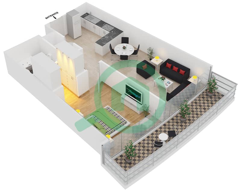 DAMAC Heights - 1 Bedroom Apartment Unit 1104 Floor plan interactive3D