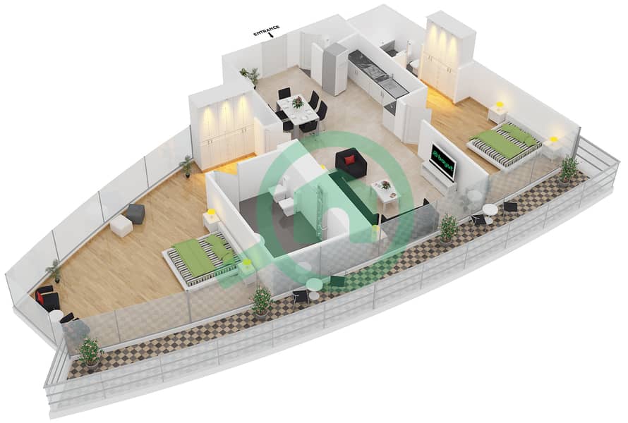 达马克塔楼 - 2 卧室公寓单位1109戶型图 interactive3D