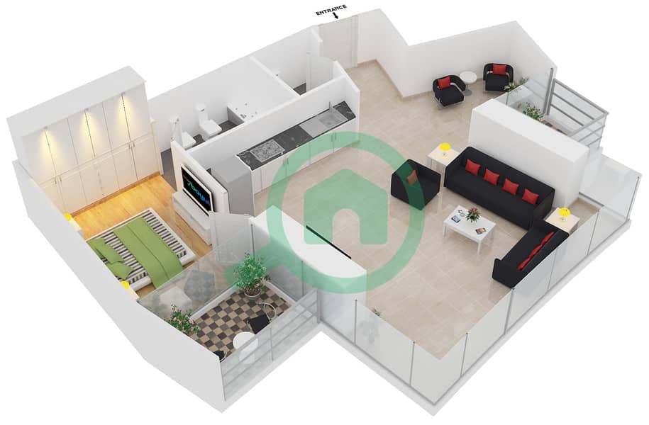 DAMAC Heights - 1 Bedroom Apartment Unit 1110 Floor plan interactive3D
