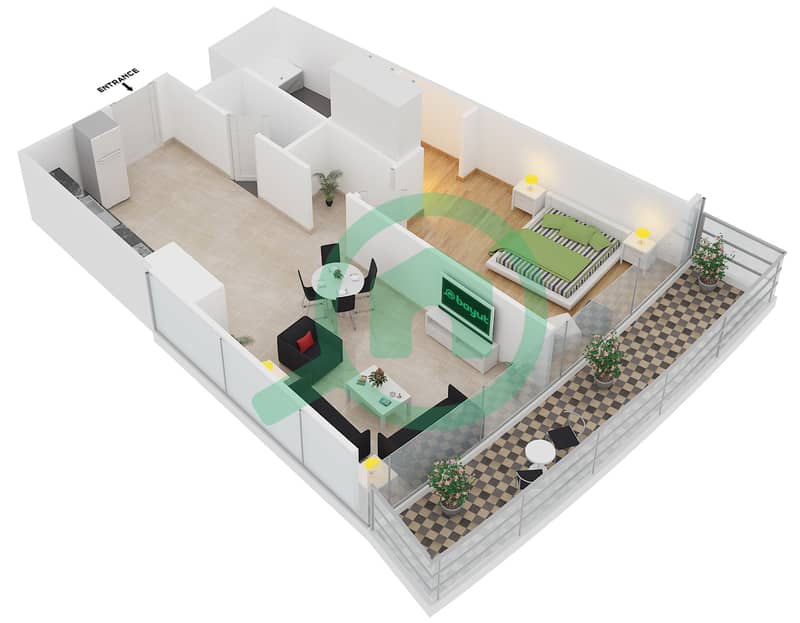 المخططات الطابقية لتصميم الوحدة 1209 شقة 1 غرفة نوم - داماك هايتس interactive3D
