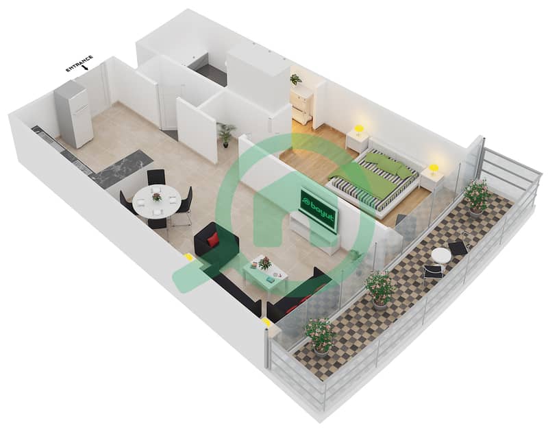 ДАМАК Хайтс - Апартамент 1 Спальня планировка Единица измерения 1409 interactive3D
