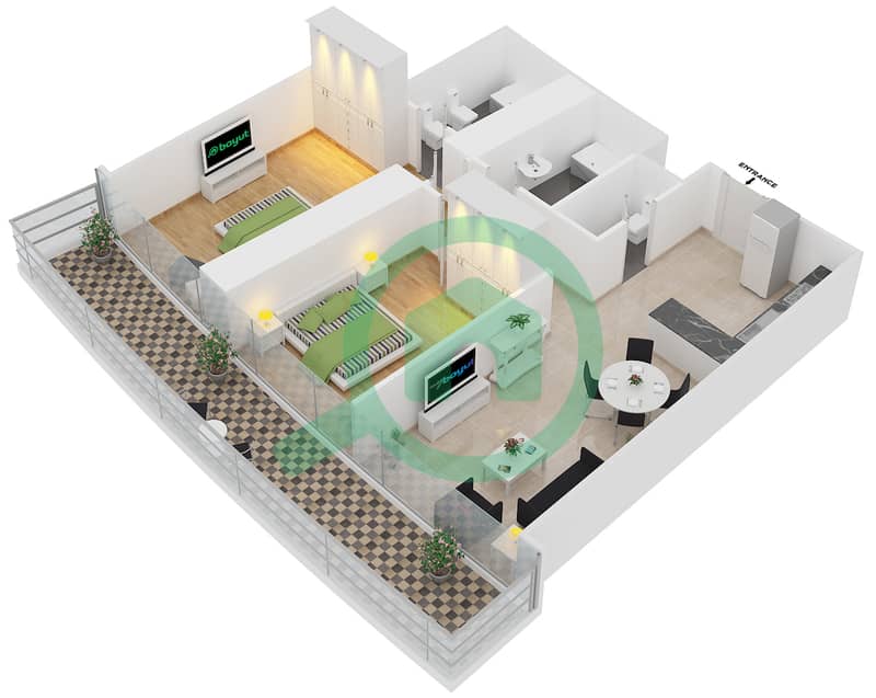 DAMAC Heights - 2 Bedroom Apartment Unit 103 Floor plan interactive3D