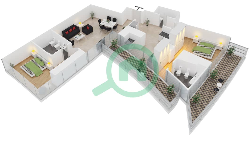 ДАМАК Хайтс - Апартамент 2 Cпальни планировка Единица измерения 104 interactive3D
