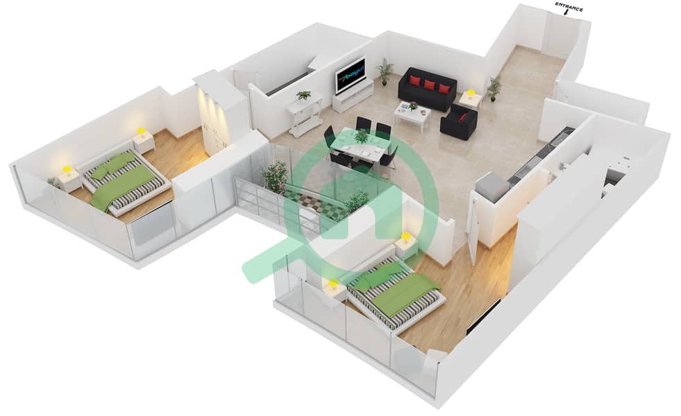 DAMAC Heights - 2 Bedroom Apartment Unit 105 Floor plan interactive3D