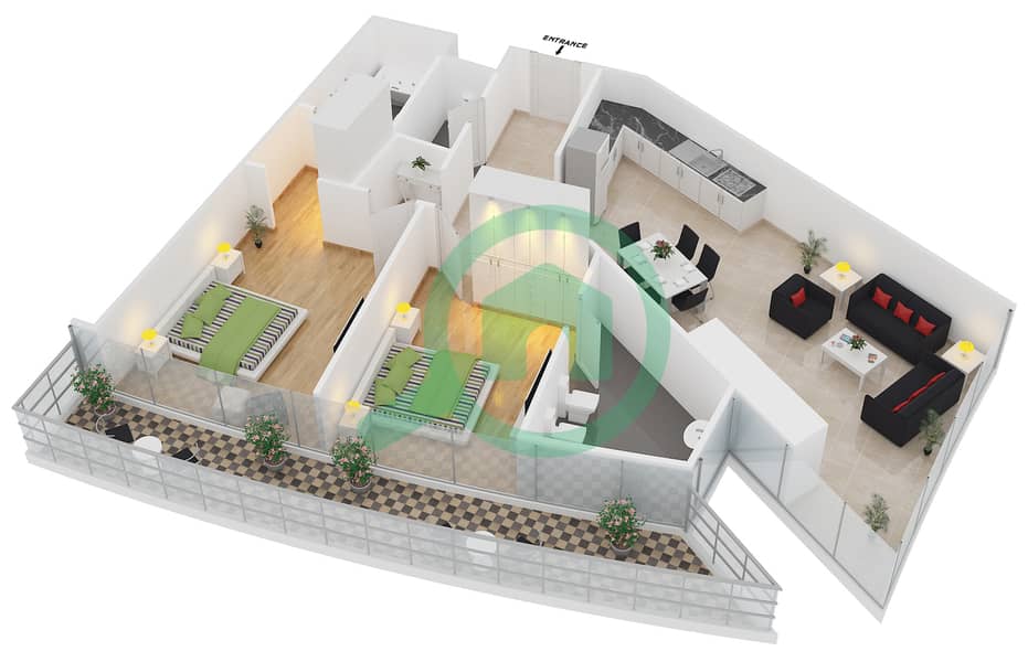 DAMAC Heights - 2 Bedroom Apartment Unit 407 Floor plan interactive3D
