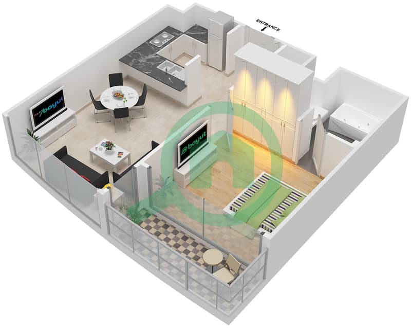 湾区中心 - 1 卧室公寓类型C戶型图 interactive3D