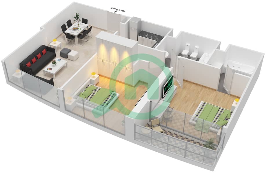 المخططات الطابقية لتصميم النموذج A شقة 2 غرفة نوم - باي سنترال interactive3D