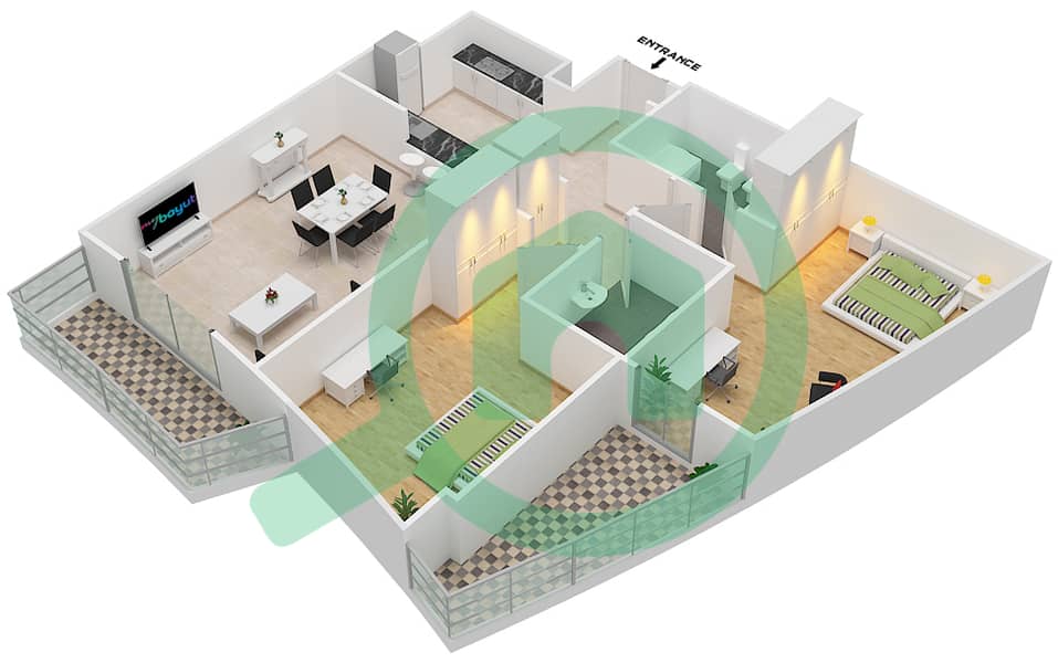 Бей Сентрал - Апартамент 2 Cпальни планировка Тип B interactive3D