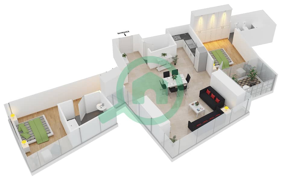 DAMAC Heights - 2 Bedroom Apartment Unit 1201 Floor plan interactive3D