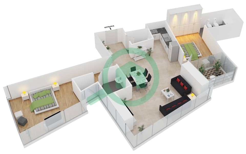 达马克塔楼 - 2 卧室公寓单位1401戶型图 interactive3D