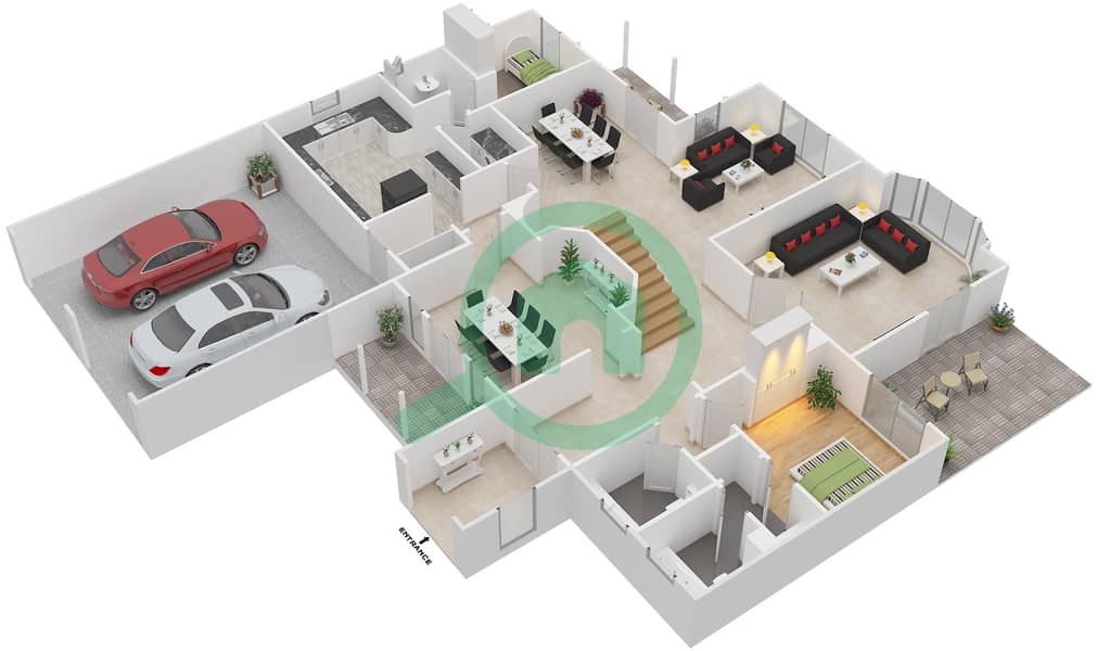 المخططات الطابقية لتصميم النموذج A فیلا 4 غرف نوم - قاعة الإحتفالات Ground Floor interactive3D