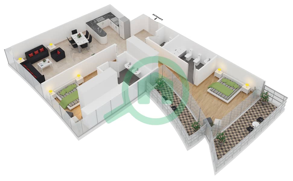 达马克塔楼 - 2 卧室公寓单位1405戶型图 interactive3D