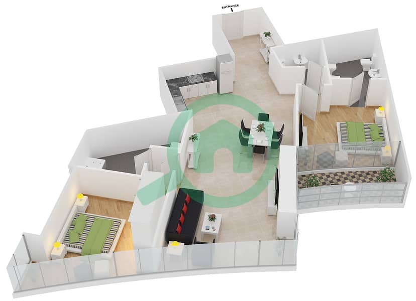 ДАМАК Хайтс - Апартамент 2 Cпальни планировка Единица измерения 1406 interactive3D