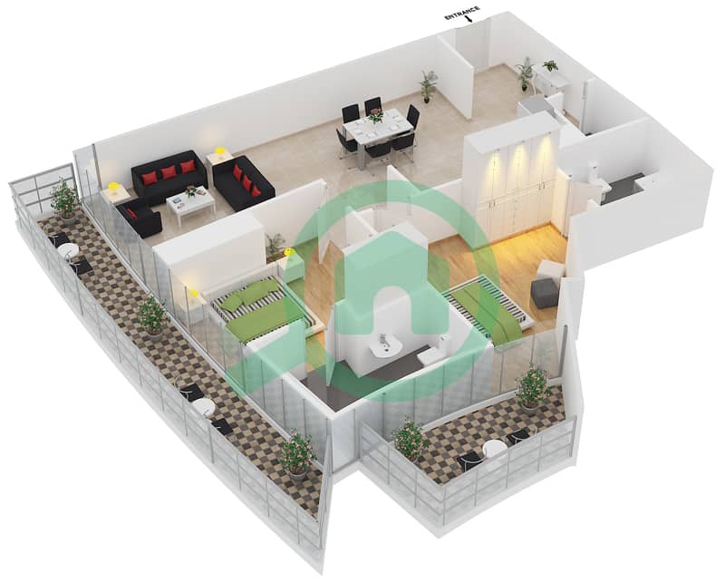 ДАМАК Хайтс - Апартамент 2 Cпальни планировка Единица измерения 1407 interactive3D