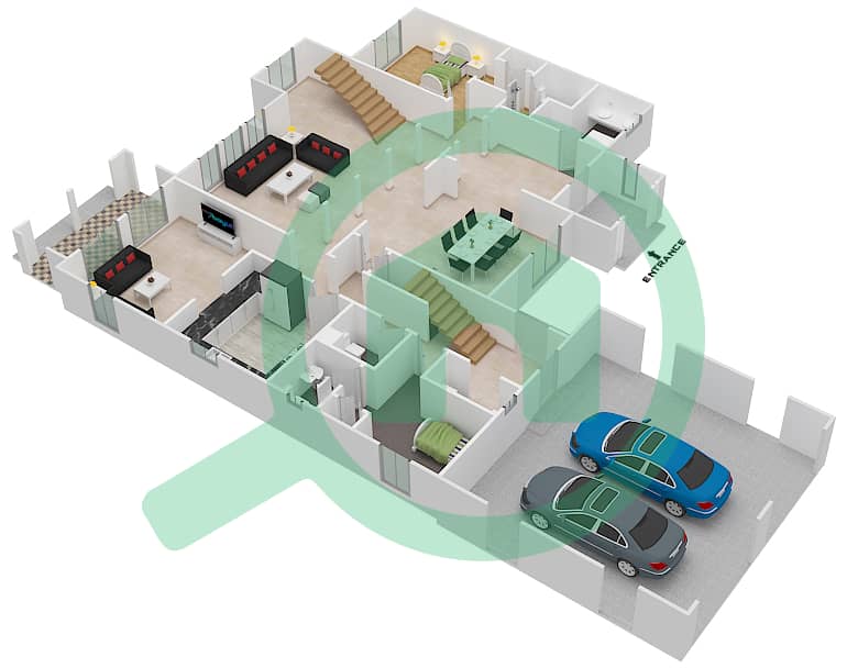 المخططات الطابقية لتصميم النموذج A فیلا 4 غرف نوم - طراز استوائي Ground Floor interactive3D