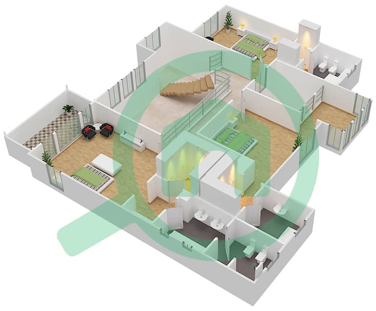 المخططات الطابقية لتصميم النموذج A فیلا 4 غرف نوم - طراز استوائي First Floor interactive3D