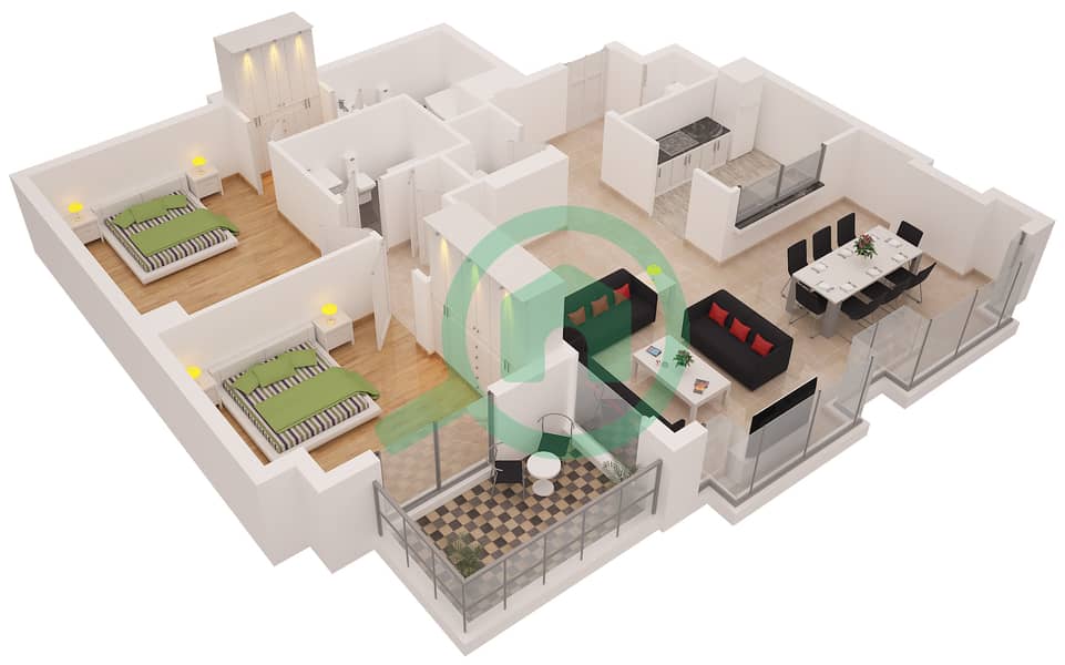 المخططات الطابقية لتصميم النموذج 4 شقة 2 غرفة نوم - ديلفين interactive3D