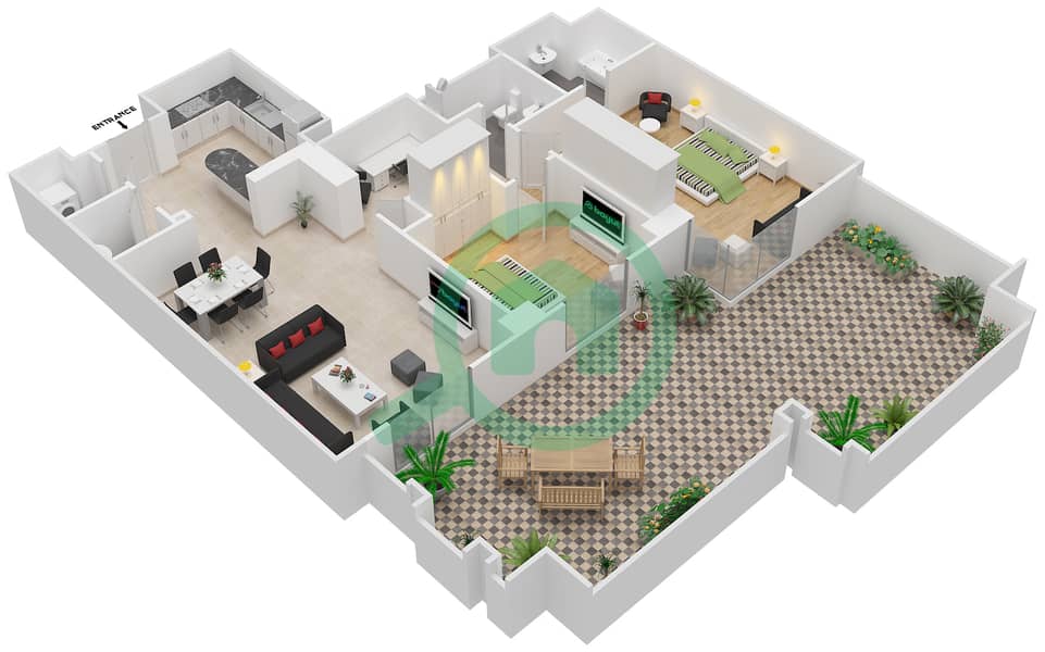 المخططات الطابقية لتصميم التصميم G05 شقة 2 غرفة نوم - برج الفيروز interactive3D