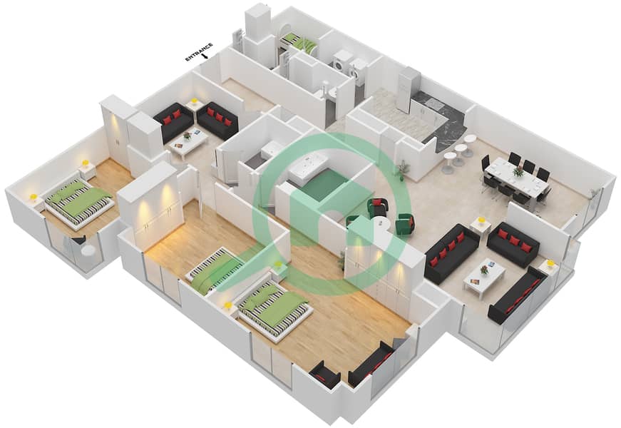 المخططات الطابقية لتصميم التصميم 101 شقة 3 غرف نوم - برج الفيروز interactive3D