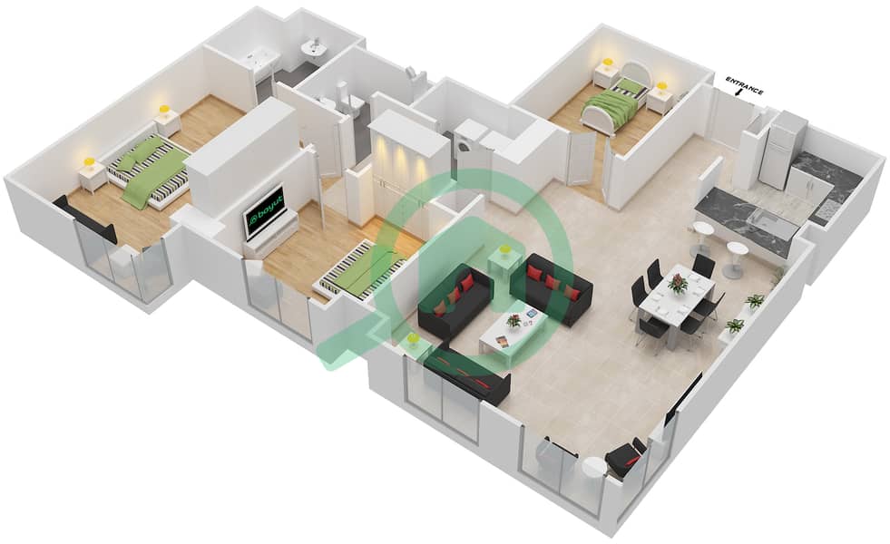 المخططات الطابقية لتصميم التصميم 102 شقة 3 غرف نوم - برج الفيروز interactive3D