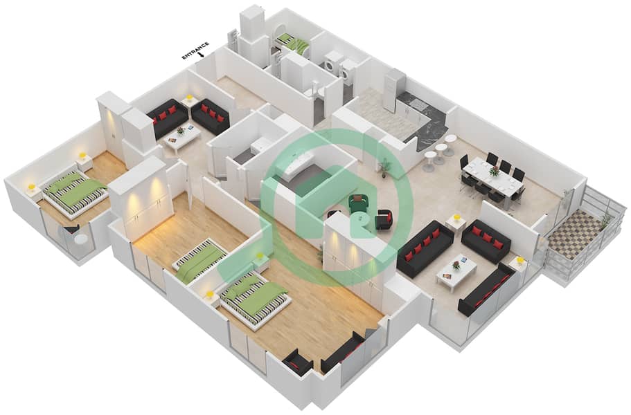 Тауэр Аль Файруз - Апартамент 3 Cпальни планировка Гарнитур, анфилиада комнат, апартаменты, подходящий 301-901 interactive3D