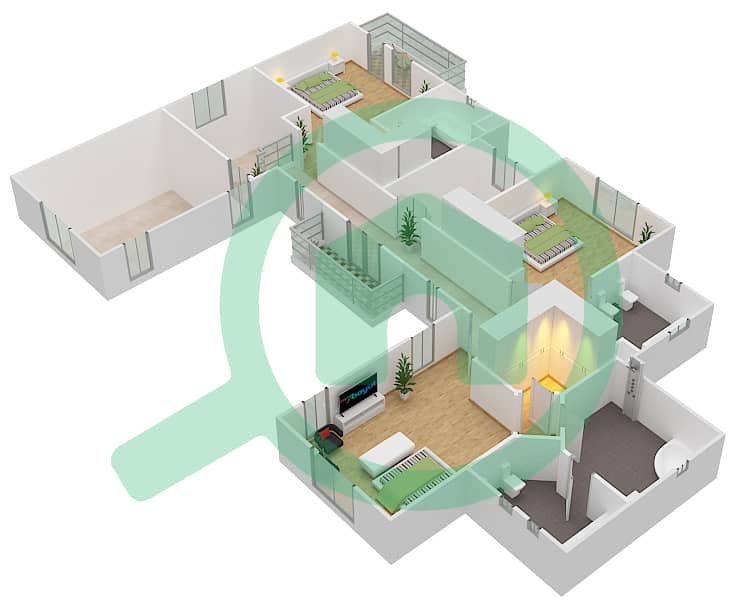 المخططات الطابقية لتصميم النموذج A فیلا 5 غرف نوم - طراز استوائي First Floor interactive3D