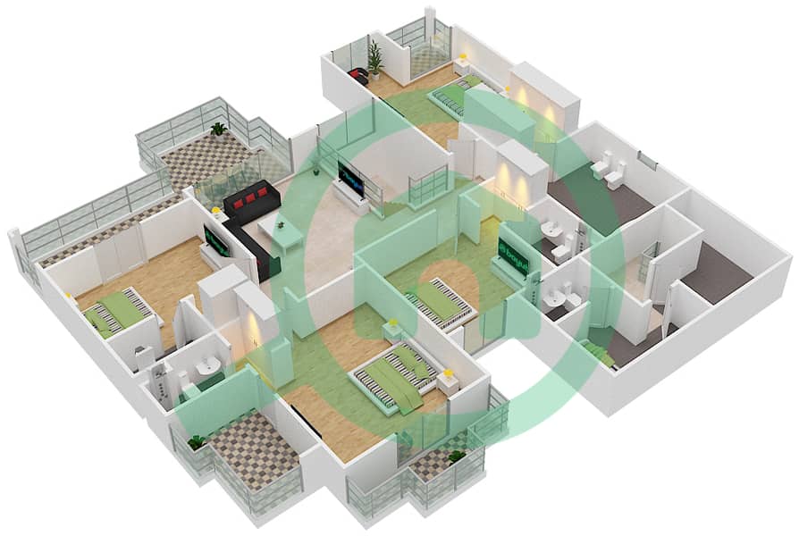 المخططات الطابقية لتصميم النموذج A فیلا 5 غرف نوم - فلل قصور جزر الجميرا First Floor interactive3D