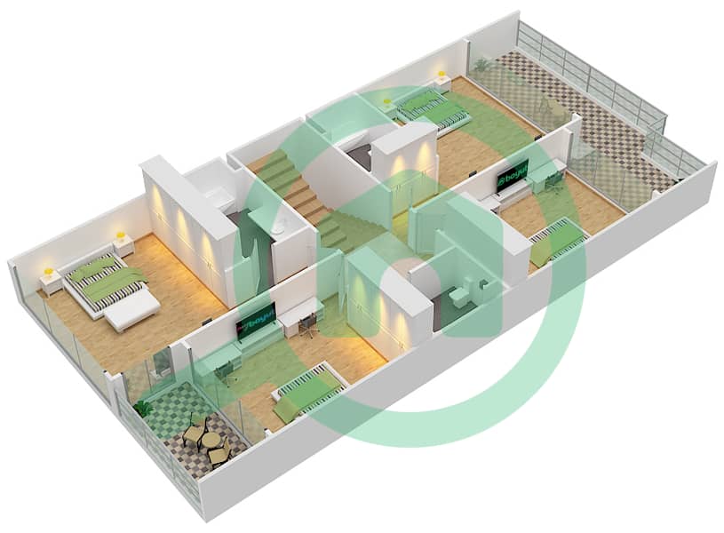 المخططات الطابقية لتصميم النموذج A تاون هاوس 4 غرف نوم - جزر جميرا تاون هاوس First Floor interactive3D