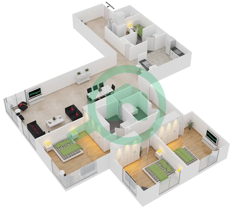 المخططات الطابقية لتصميم التصميم 104 شقة 3 غرف نوم - برج الفيروز interactive3D
