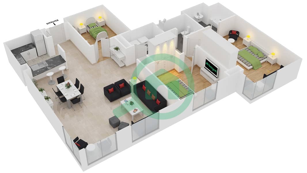 المخططات الطابقية لتصميم التصميم 105 شقة 3 غرف نوم - برج الفيروز interactive3D