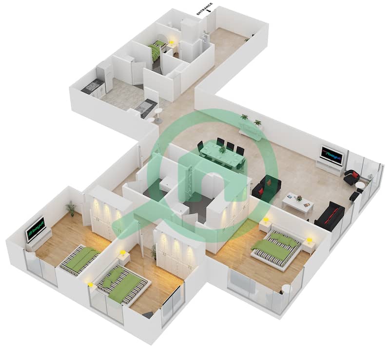 المخططات الطابقية لتصميم التصميم 103 شقة 3 غرف نوم - برج الفيروز interactive3D