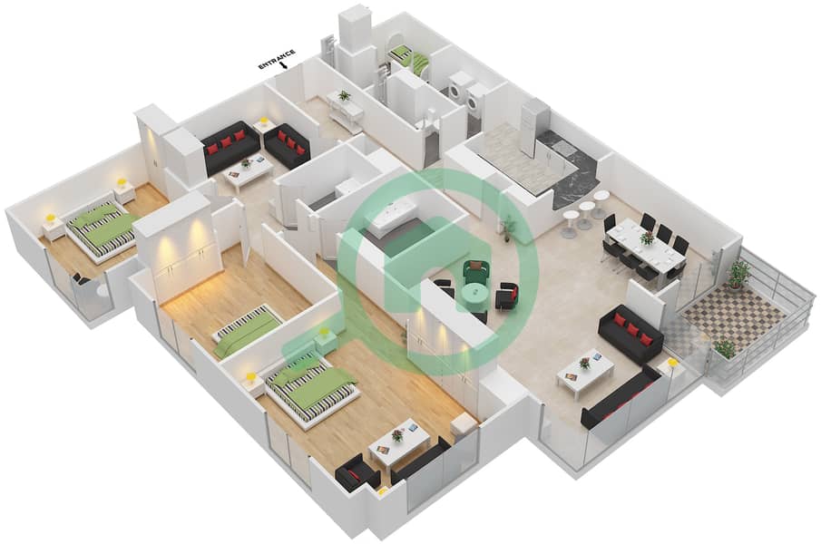 المخططات الطابقية لتصميم التصميم 201 شقة 3 غرف نوم - برج الفيروز interactive3D