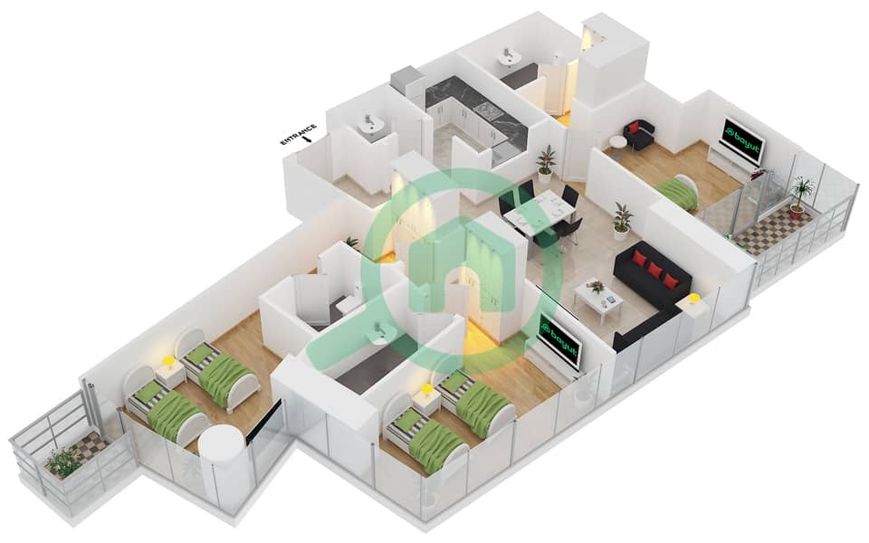 DAMAC Residenze - 3 Bedroom Apartment Type A FLOOR 43 Floor plan interactive3D