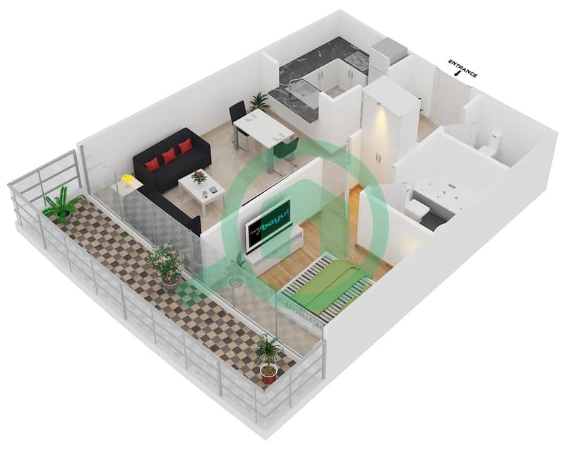 达马克塔楼 - 1 卧室公寓类型B FLOOR 43戶型图 interactive3D
