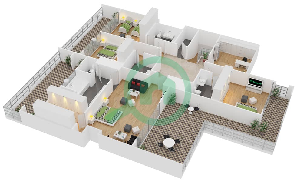 المخططات الطابقية لتصميم النموذج 8 شقة 4 غرف نوم - مساكن الزمرد interactive3D