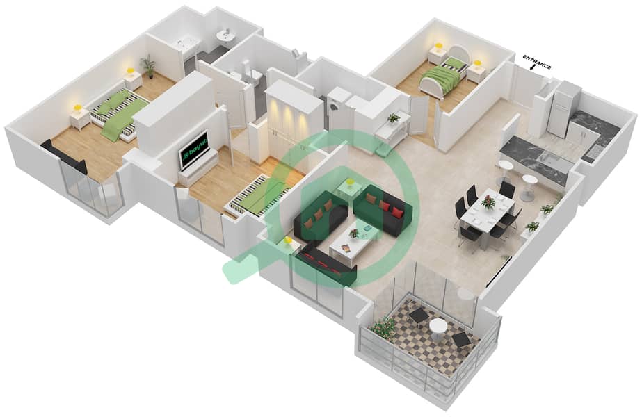 Al Fairooz Tower - 3 Bedroom Apartment Suite 202 Floor plan interactive3D