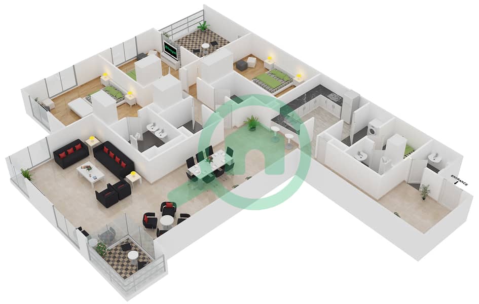 المخططات الطابقية لتصميم التصميم 203 شقة 3 غرف نوم - برج الفيروز interactive3D