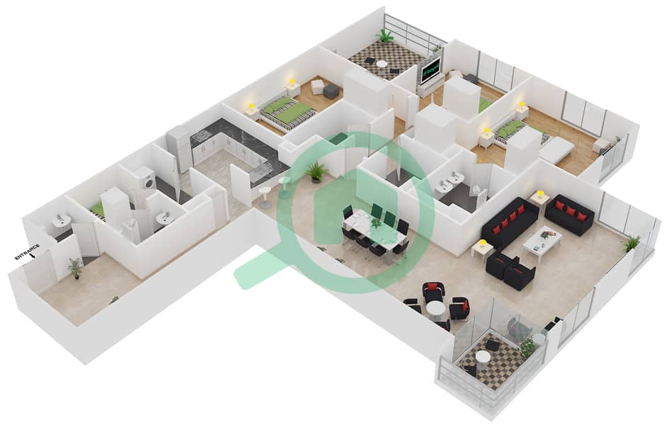 Al Fairooz Tower - 3 Bedroom Apartment Suite 204 Floor plan interactive3D