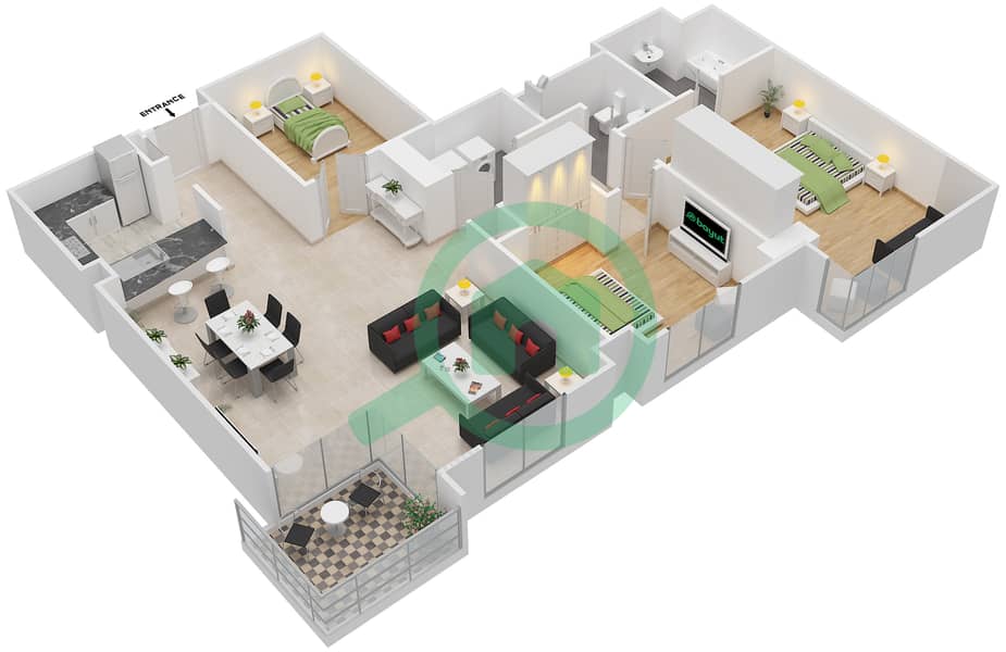 Al Fairooz Tower - 3 Bedroom Apartment Suite 205 Floor plan interactive3D